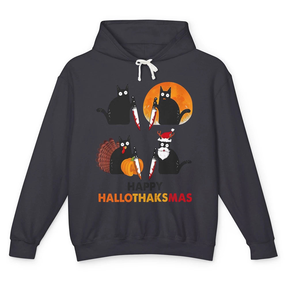 Funny Murderous Cat Turkey Hallo-thank-mas Thanksgiving Xmas Unisex Lightweight Hoodie