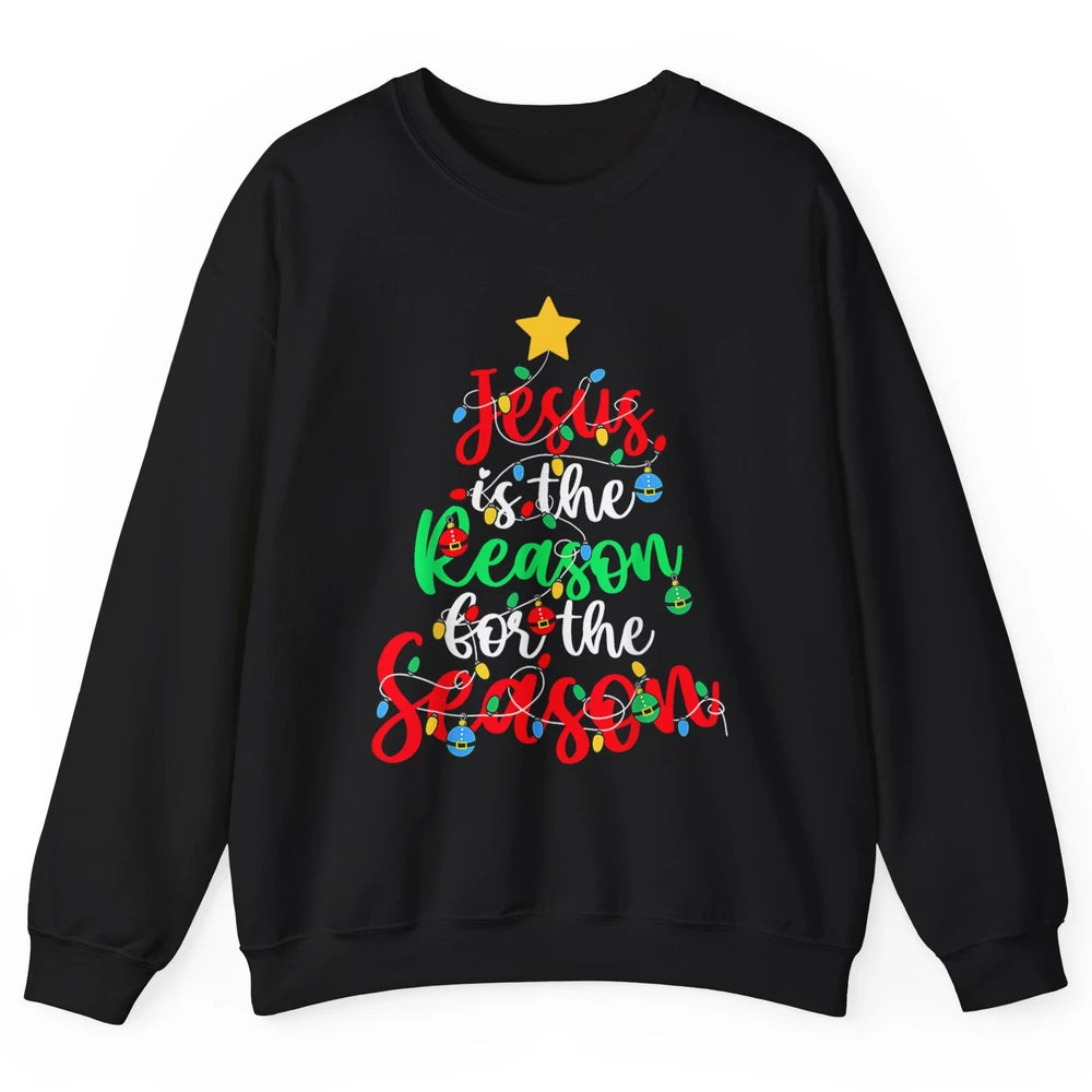 Merry Christmas Jesus The Reason For Season Xmas Tree Lights Unisex Crewneck Sweatshirt