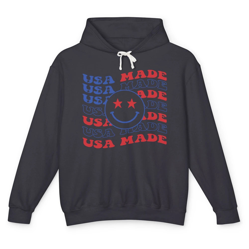 US Flag America Made Smiley Face July 4th American Patriots Unisex Lightweight Hoodie