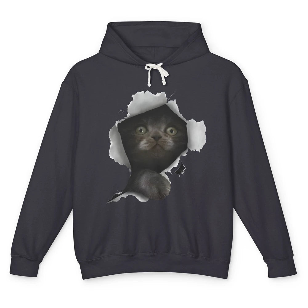 Funny Breaking Through Black Cat Sarcastic Hiding Kitten Unisex Lightweight Hoodie