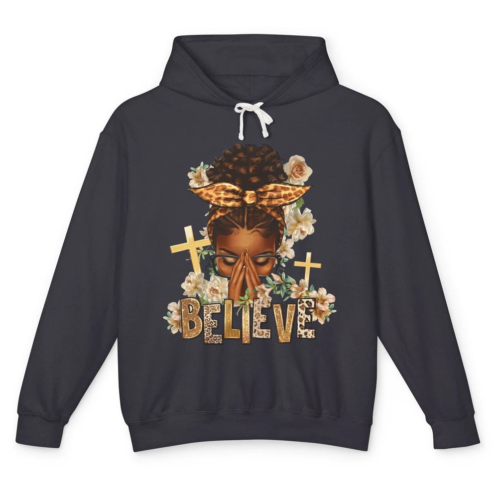 Floral Leopard Afro Messy Bun Believe Christian Religious Unisex Lightweight Hoodie