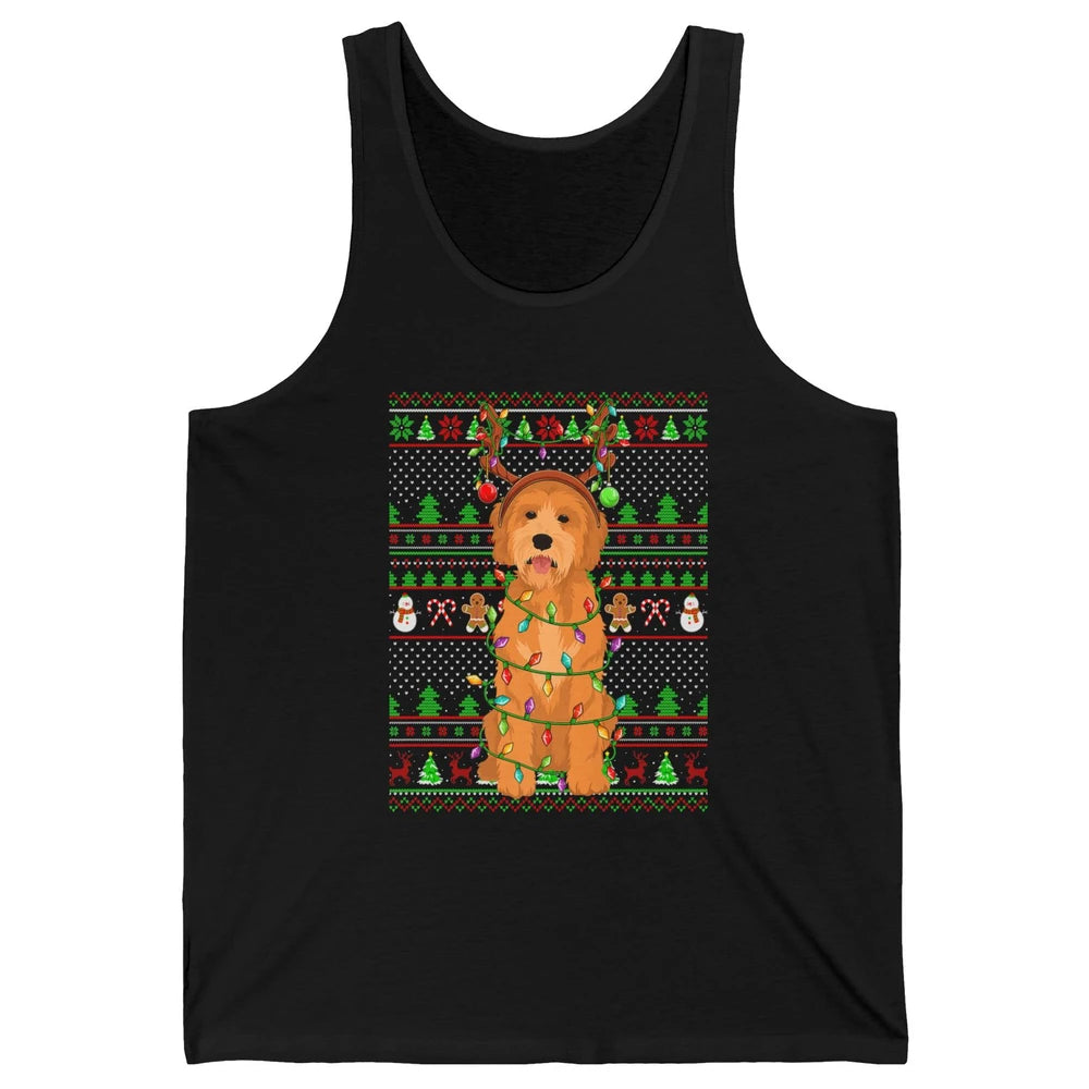 Merry Christmas Golden Doodle Dog Reindeer Xmas Lights Ugly Unisex Jersey Tank