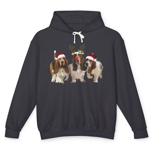 Basset Hound Santa Hats And Reindeer Horns Christmas Dog Mom Unisex Lightweight Hoodie