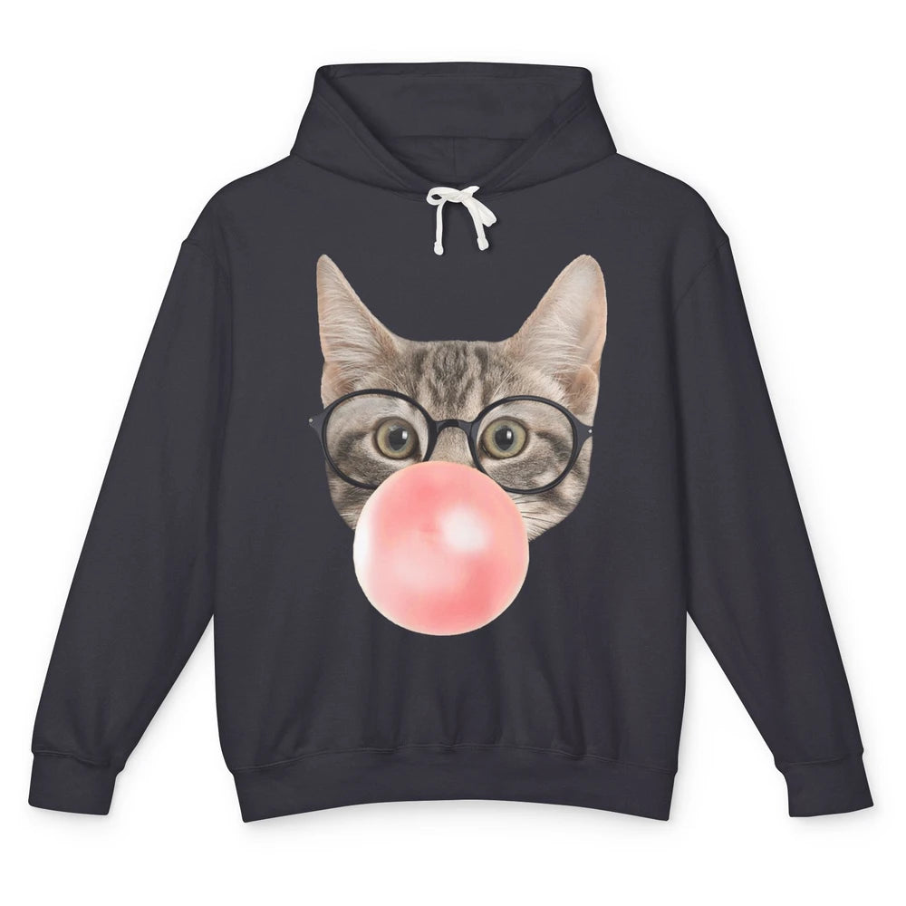 Funny Cat Blow Giant Bubble Gum Pink Glasses Sarcastic Pun Unisex Lightweight Hoodie