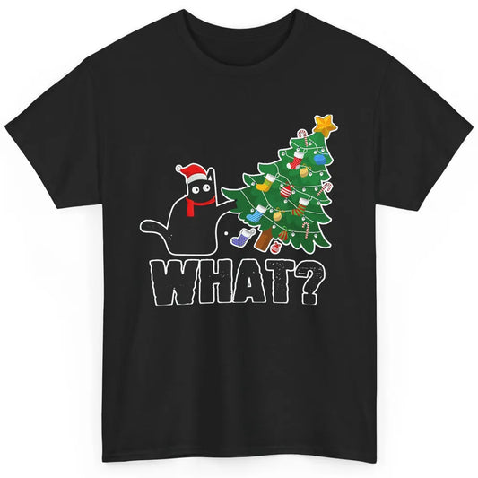 Black Cat Pushing Christmas Tree What Xmas Lights Santa Hat Classic Unisex T-Shirt