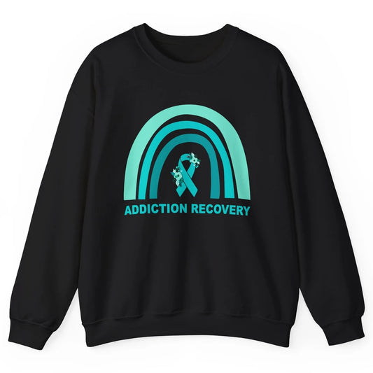 Addiction Recovery Awareness Floral Teal Ribbon Rainbow Unisex Crewneck Sweatshirt