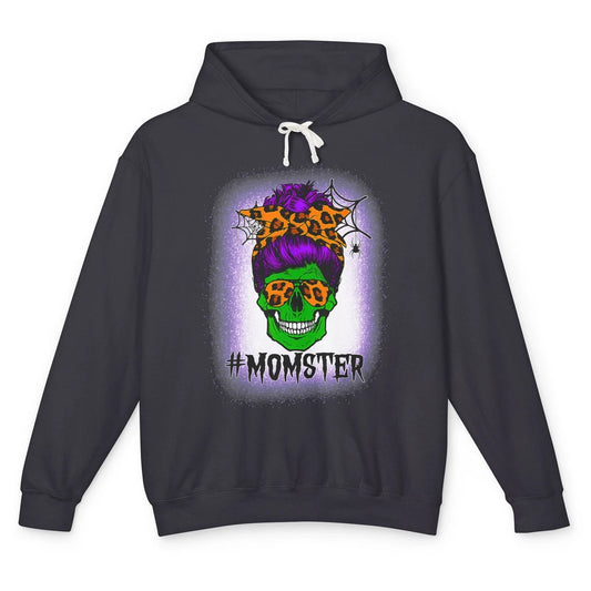 Retro Momster Messy Bun Skull Mom Halloween Spooky Mama Goth Unisex Lightweight Hoodie