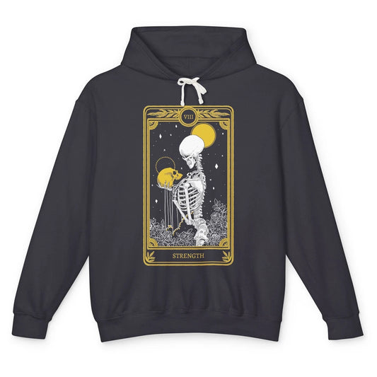 Retro Skeleton Holding Skull Strength Tarot Card Halloween Unisex Lightweight Hoodie