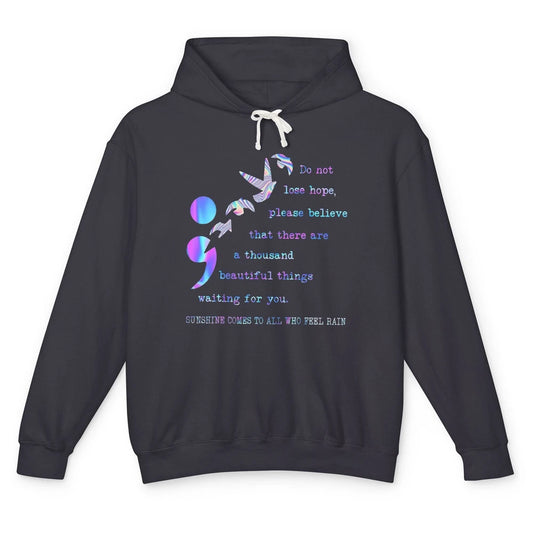 Semicolon Turquoise Ribbon Bird Suicide Prevention Month Unisex Lightweight Hoodie