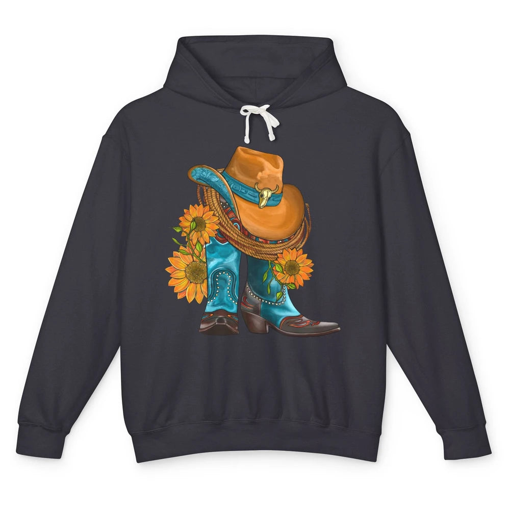 Sunflower Cowboy Boots And Hat Bull Skull Western Country Unisex Lightweight Hoodie