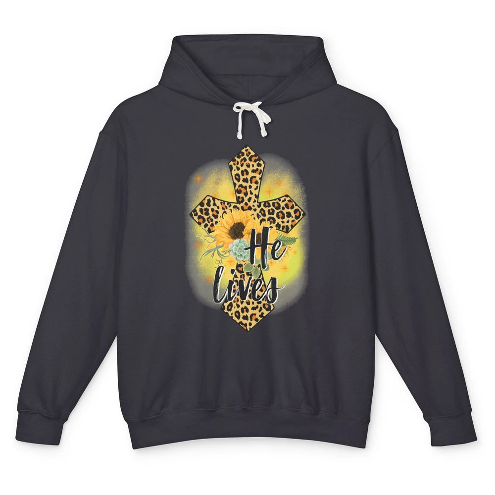 He Lives Sunflowers Faith Cross Christian Bible Religious Unisex Lightweight Hoodie