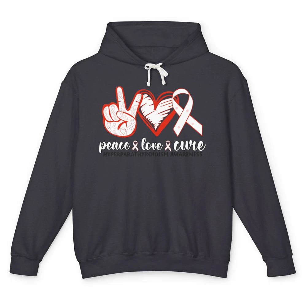 Hyperparathyroidism Awareness Red Ribbon Peace Love Cure Unisex Lightweight Hoodie