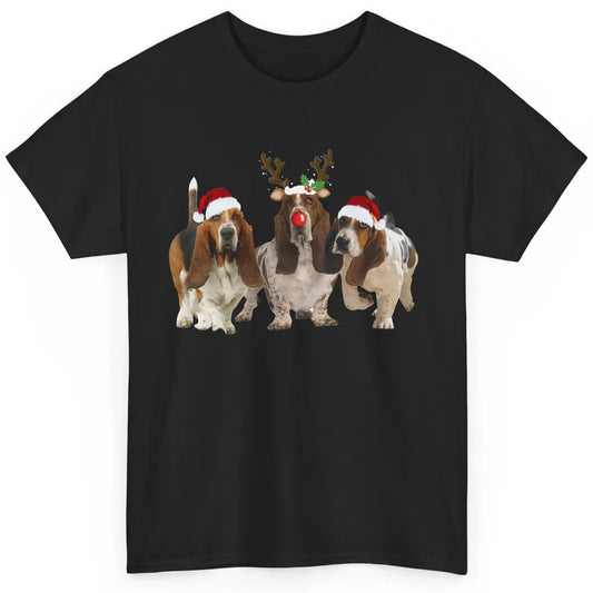 Basset Hound Santa Hats And Reindeer Horns Christmas Dog Mom Classic Unisex T-Shirt