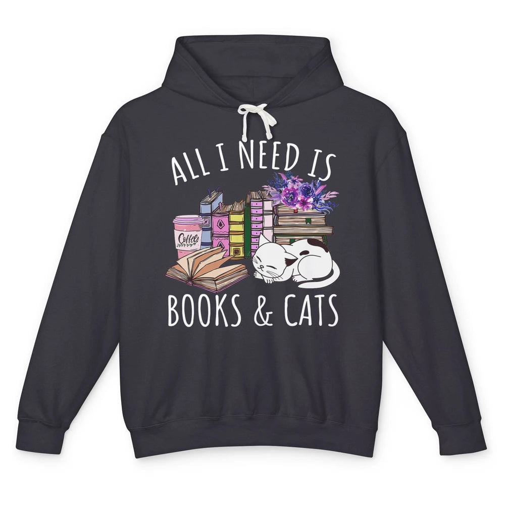 All I Need Is Books And Cats Floral Coffee Bookish Reading Unisex Lightweight Hoodie