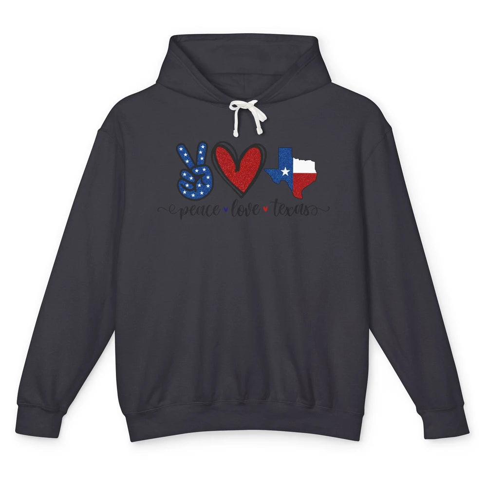 US Flag Peace Love Texas State Map Texan Pride Western Unisex Lightweight Hoodie