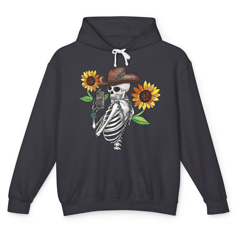 Western Cowboy Hat Skeleton Sunflower Funny Skeleton Selfie Unisex Lightweight Hoodie