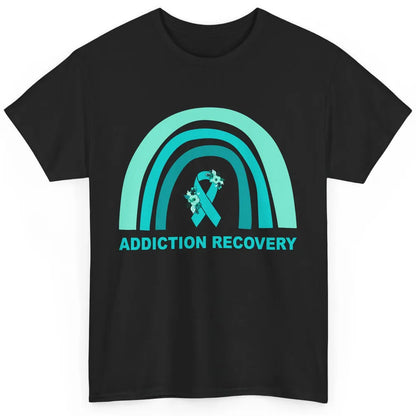 Addiction Recovery Awareness Floral Teal Ribbon Rainbow Classic Unisex T-Shirt