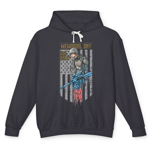 US Army Veteran With Gun American Flag US Pride Memorial Day Unisex Lightweight Hoodie