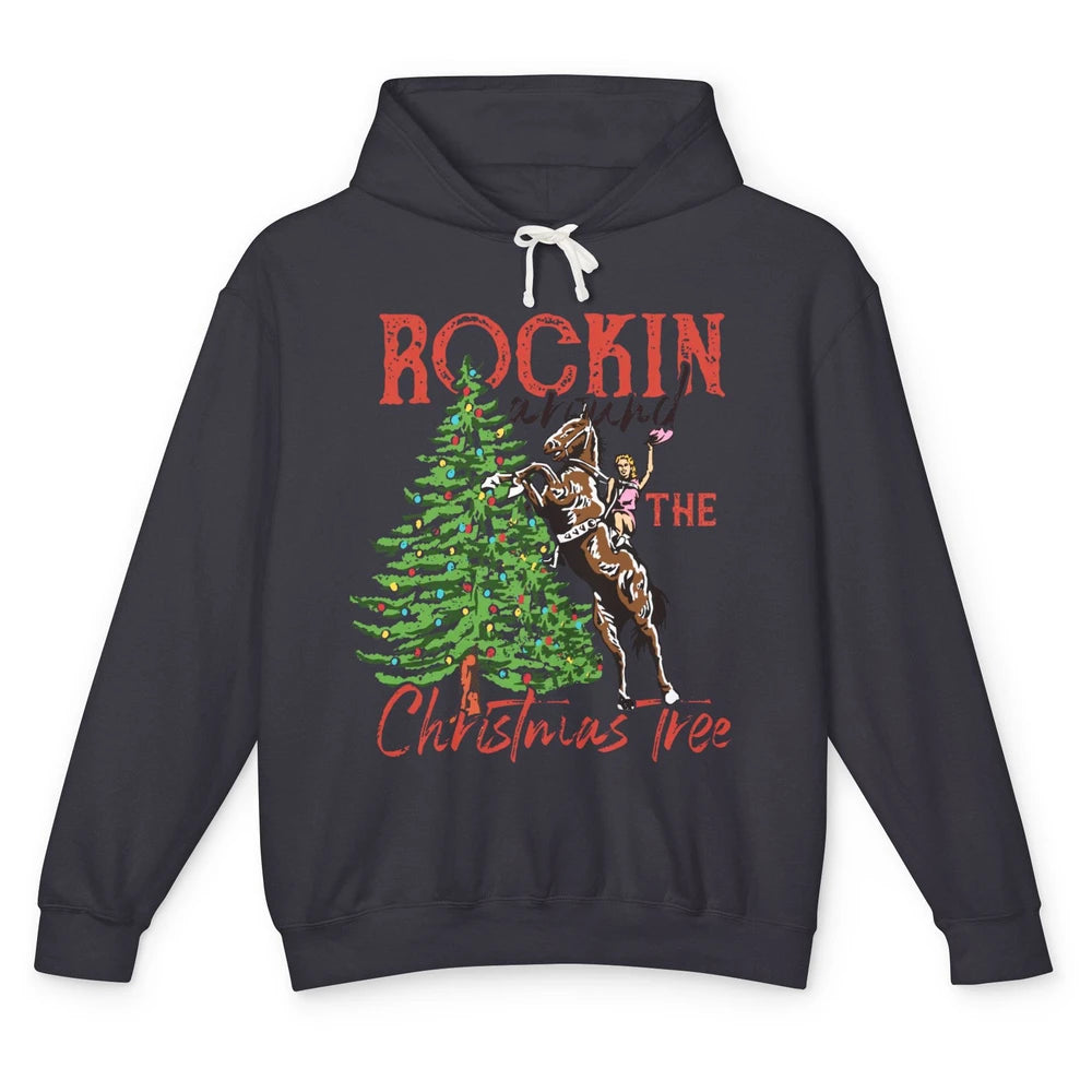 Funny Cowgirl Horsing Rocking Around Christmas Tree Western Unisex Lightweight Hoodie