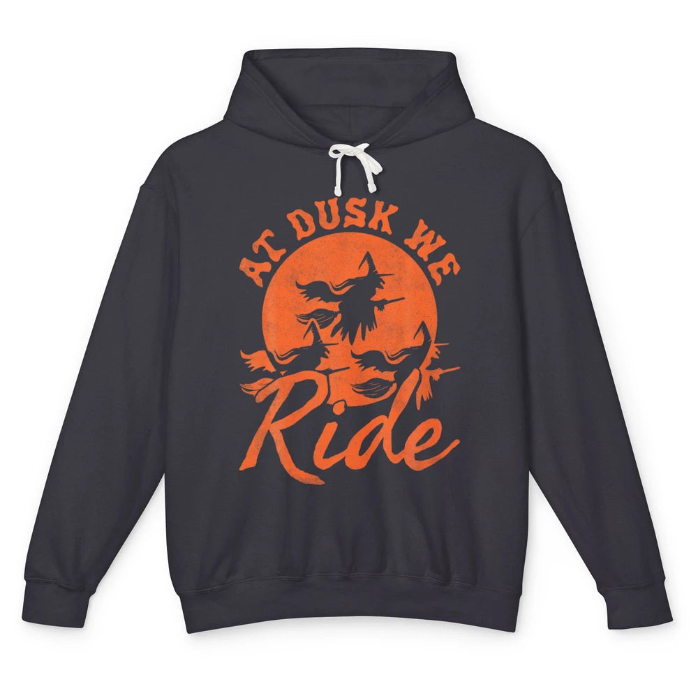 At Dusk We Ride Witch Hat Broom Moon Halloween Spooky Season Unisex Lightweight Hoodie