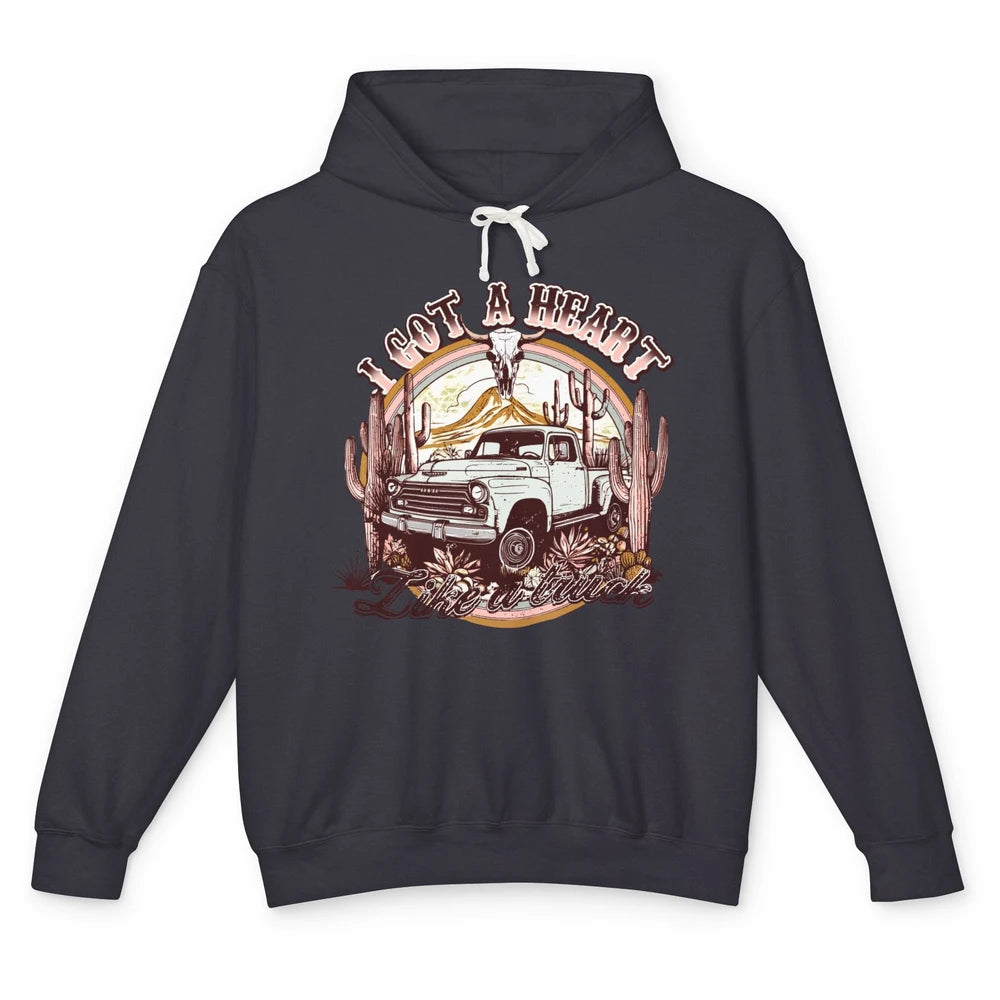 Retro Desert Bull Skull I Got A Heart Like A Truck Western Unisex Lightweight Hoodie