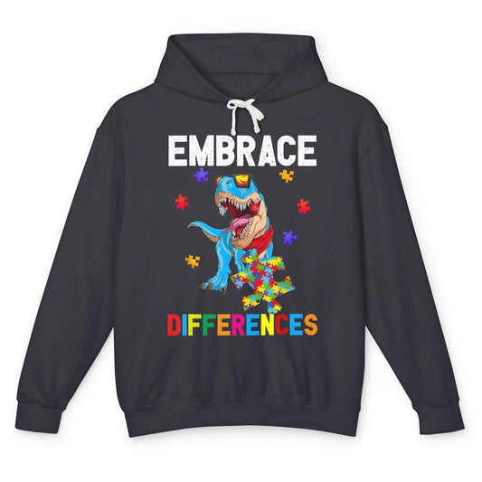 Autism Awareness Dinosaur Puzzle Piece Embrace Differences Unisex Lightweight Hoodie