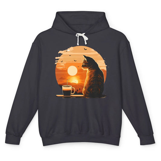 Coffee Cat And Vintage Sunset Love Drinking Coffee At Sunset Unisex Lightweight Hoodie