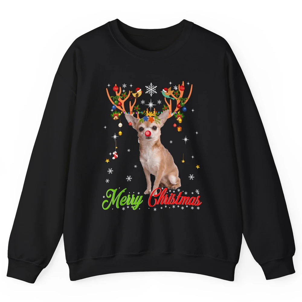 Merry Christmas Chihuahua Dog Santa Hat Xmas Reindeer Lights Unisex Crewneck Sweatshirt