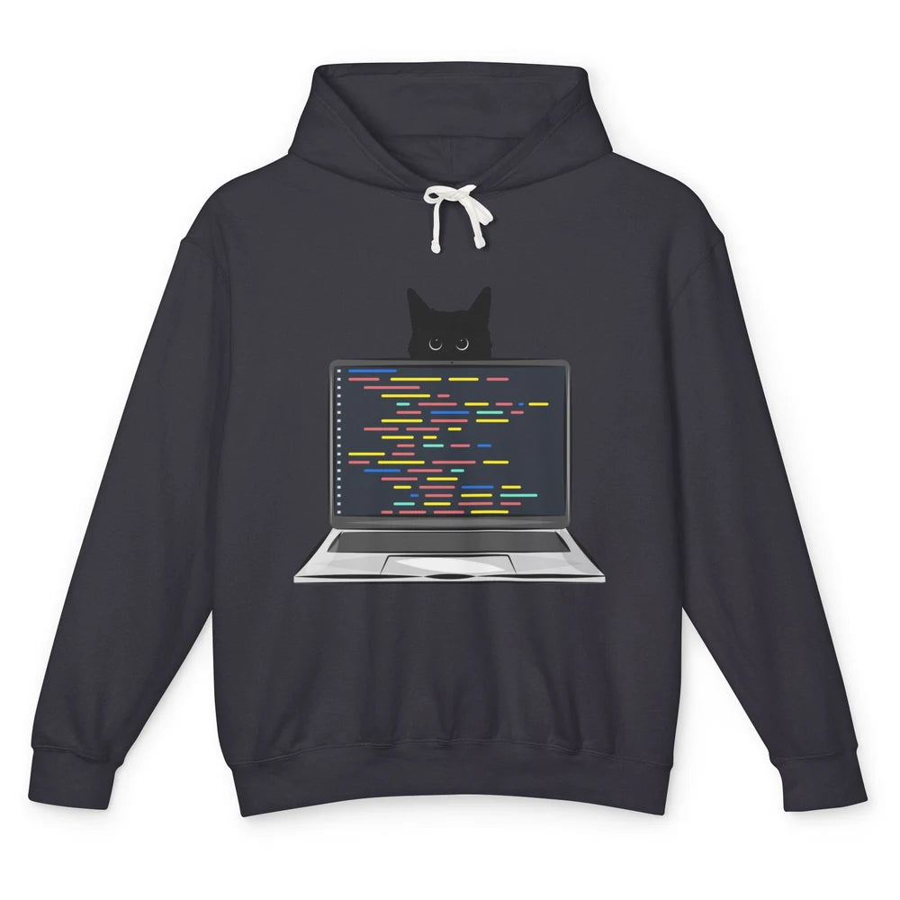 Funny Software Engineer Black Cat Coding Computer Code Humor Unisex Lightweight Hoodie