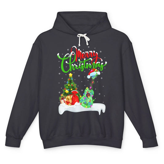 Merry Christmas Funny Ukulele Xmas Lights Santa Hat Music Unisex Lightweight Hoodie