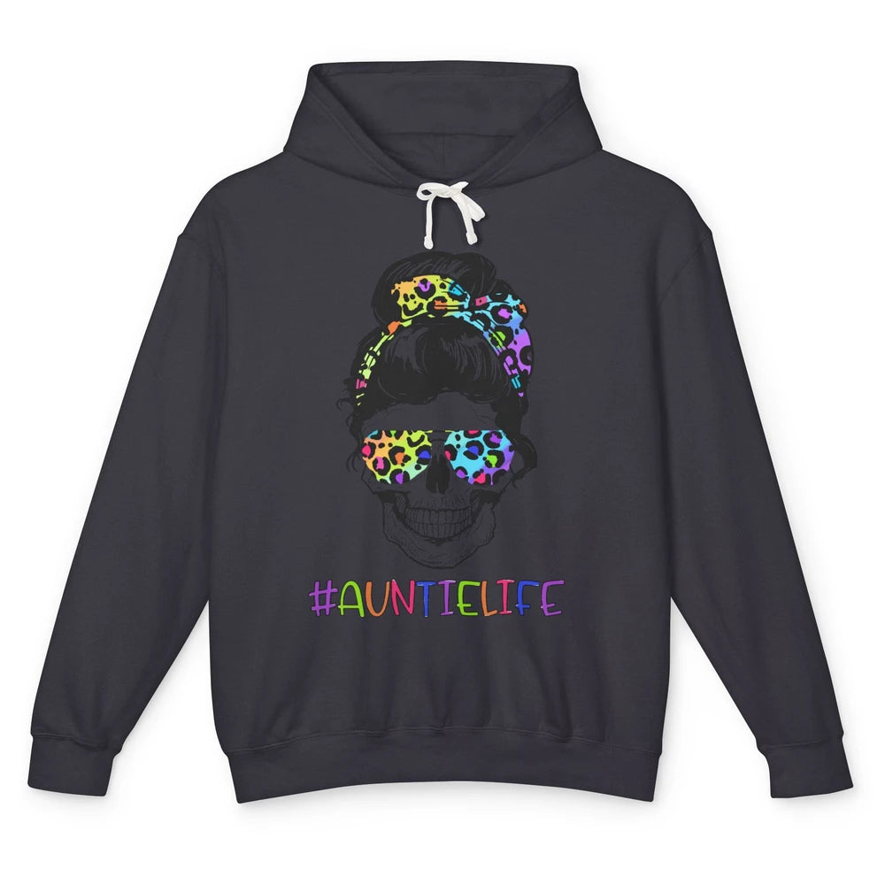 Leopard Messy Bun Skull Rainbow Auntie Life Aunt Mothers Day Unisex Lightweight Hoodie