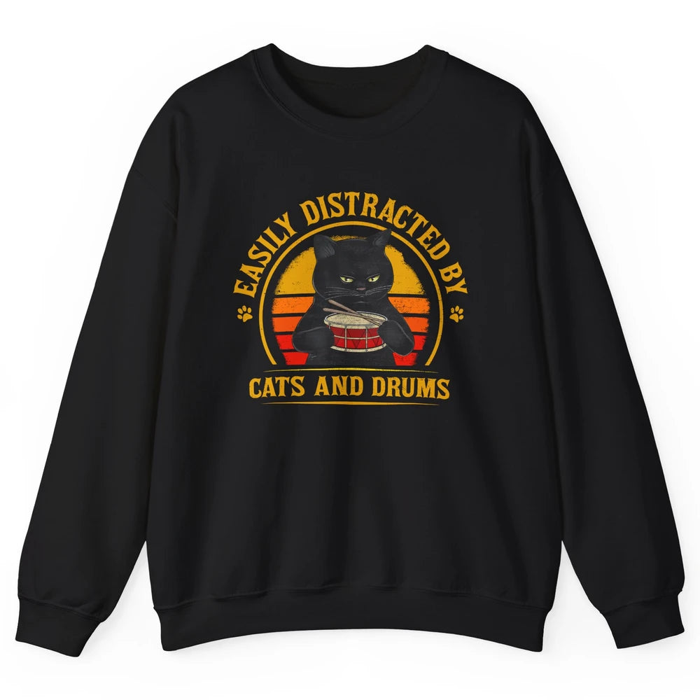 Vintage Black Cat Drummer Easily Distracted By Cat And Drums Unisex Crewneck Sweatshirt