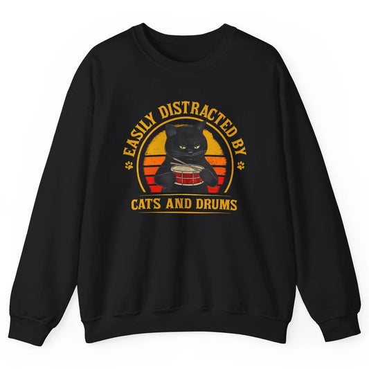 Vintage Black Cat Drummer Easily Distracted By Cat And Drums Unisex Crewneck Sweatshirt