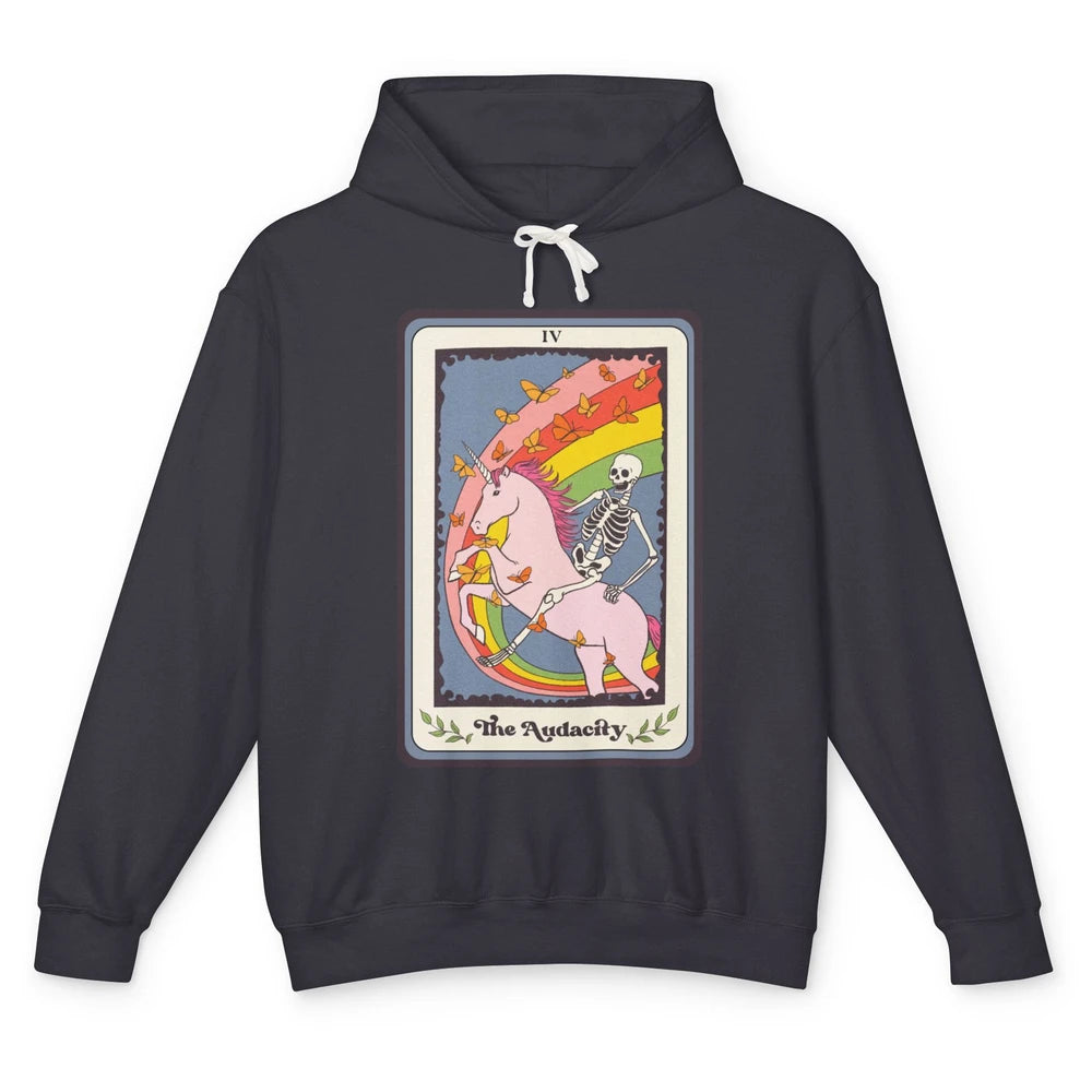 Retro Skeleton Rides Unicorn The Audacity Tarot Card Rainbow Unisex Lightweight Hoodie