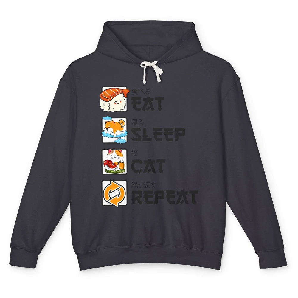 Funny Cat Neko Sushi Eat Sleep Cat Repeat Japanese Kawaii Unisex Lightweight Hoodie