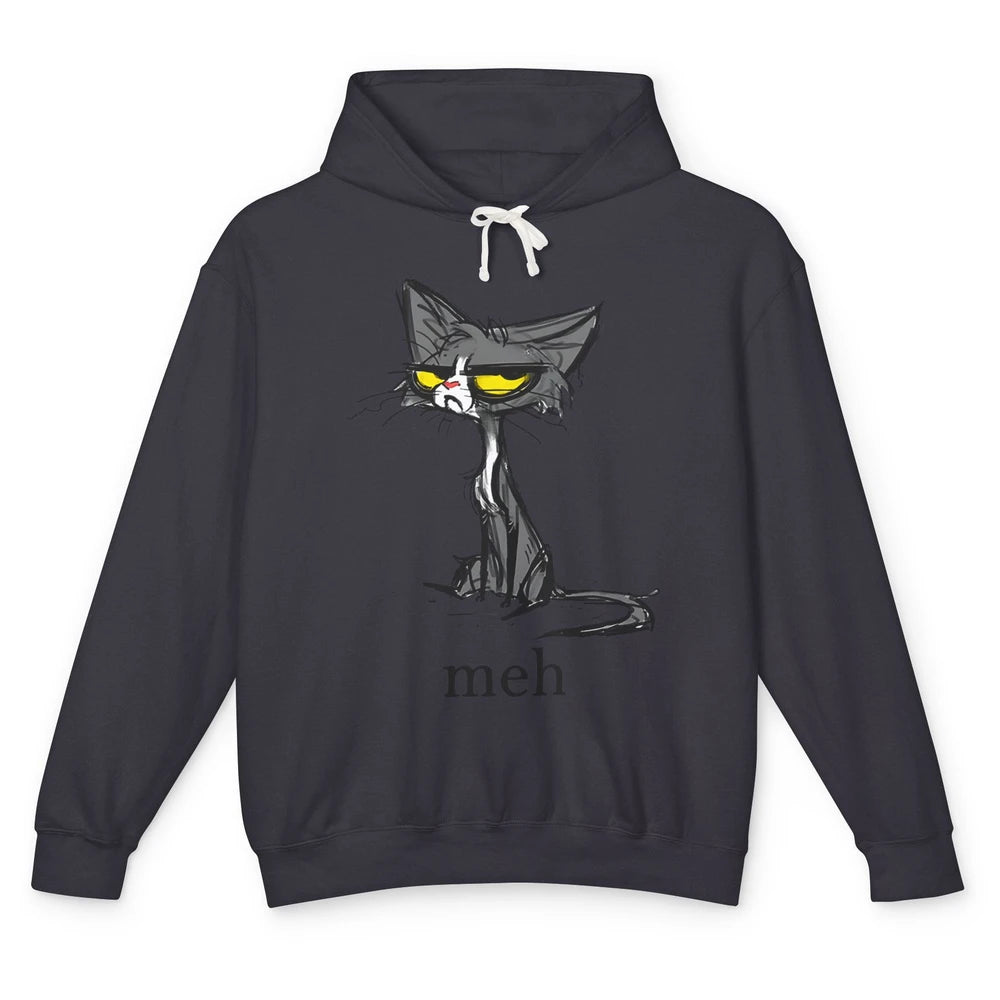 Funny Meh Grumpy Black Cat Sarcastic Kitten Angry Cat Mom Unisex Lightweight Hoodie