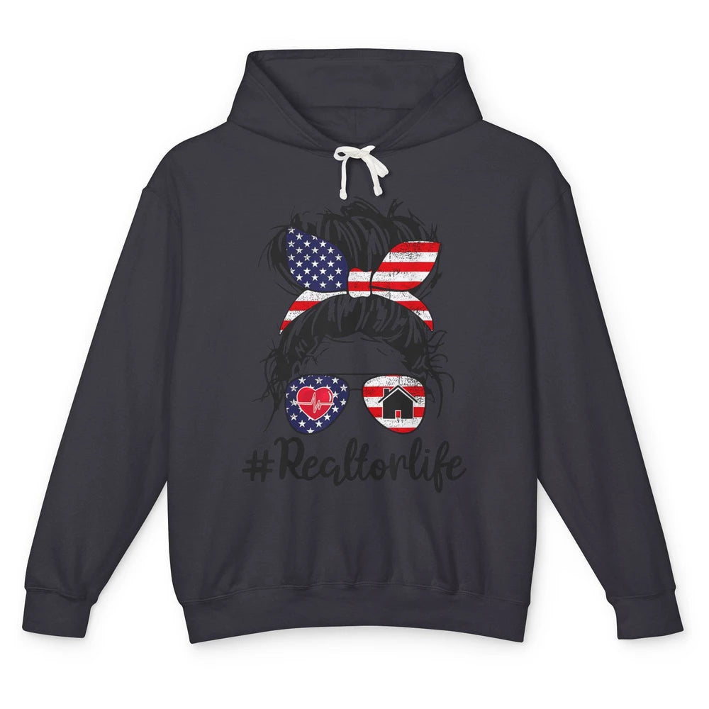 Messy Hair Bun 4th July Flag Realtor Life Real Estate Agent Unisex Lightweight Hoodie