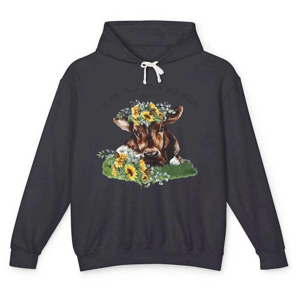 Sunflower Cow He Makes Me Lie Down In Green Pastures Bible Unisex Lightweight Hoodie