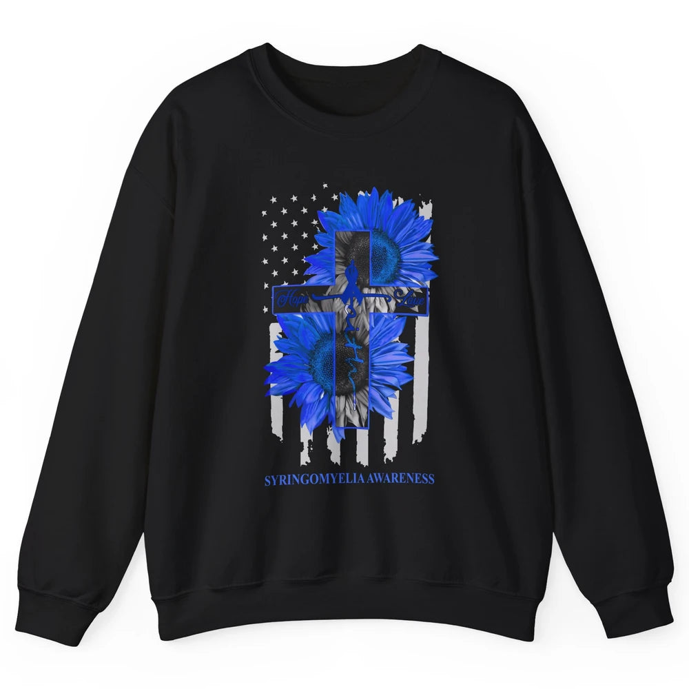 Syringomyelia Awareness Faith Hope Love Blue Ribbon US Flag Unisex Crewneck Sweatshirt