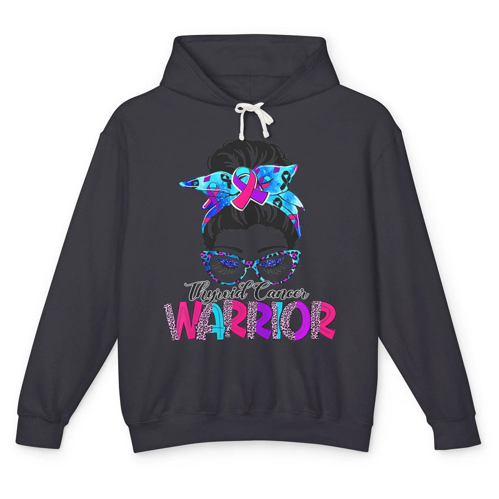 Messy Hair Bun Leopard Warrior Mom Thyroid Cancer Awareness Unisex Lightweight Hoodie