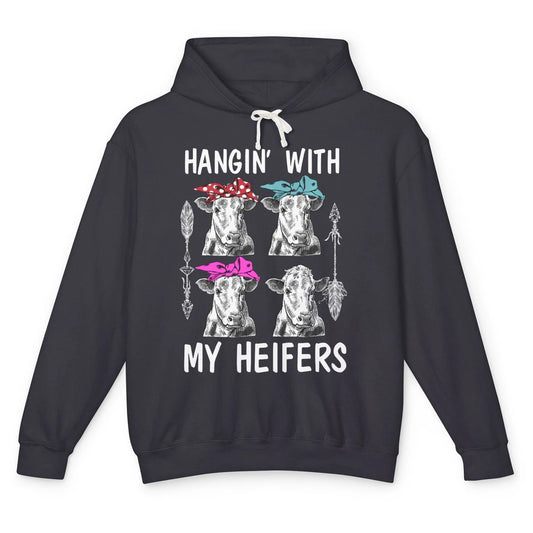 Funny Hanging With Heifer Retro Western Country Highland Cow Unisex Lightweight Hoodie