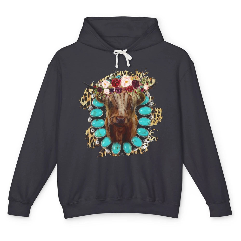 Floral Highland Cow Turquoise Western Country Cowboy Leopard Unisex Lightweight Hoodie