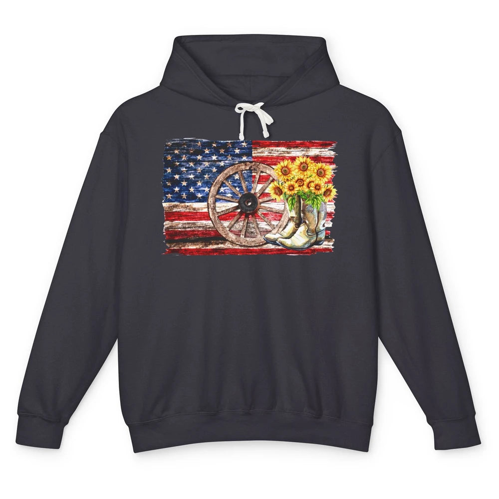 Retro US Flag Sunflower Cowgirl Boots Texas Cowboy Western Unisex Lightweight Hoodie