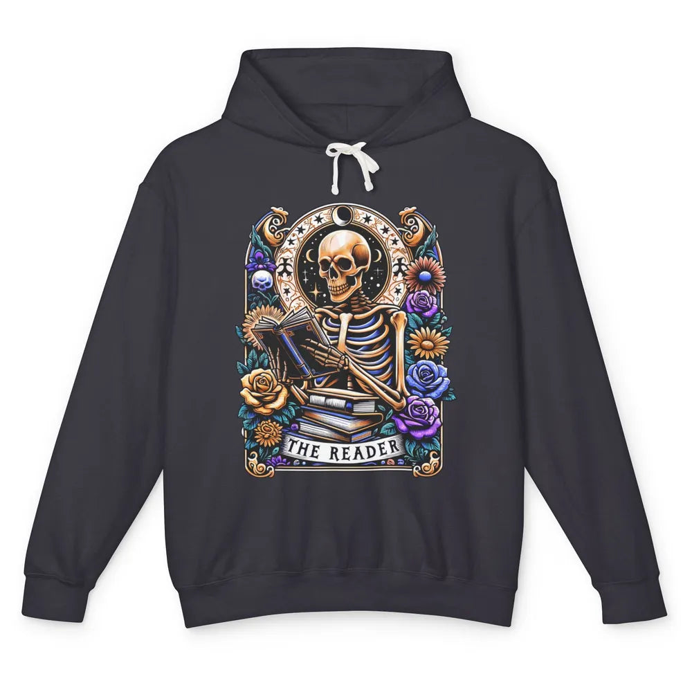 The Reader Tarot Card Halloween Reading Book Skeleton Floral Skull Bookish Bookworm Unisex Lightweight Hoodie