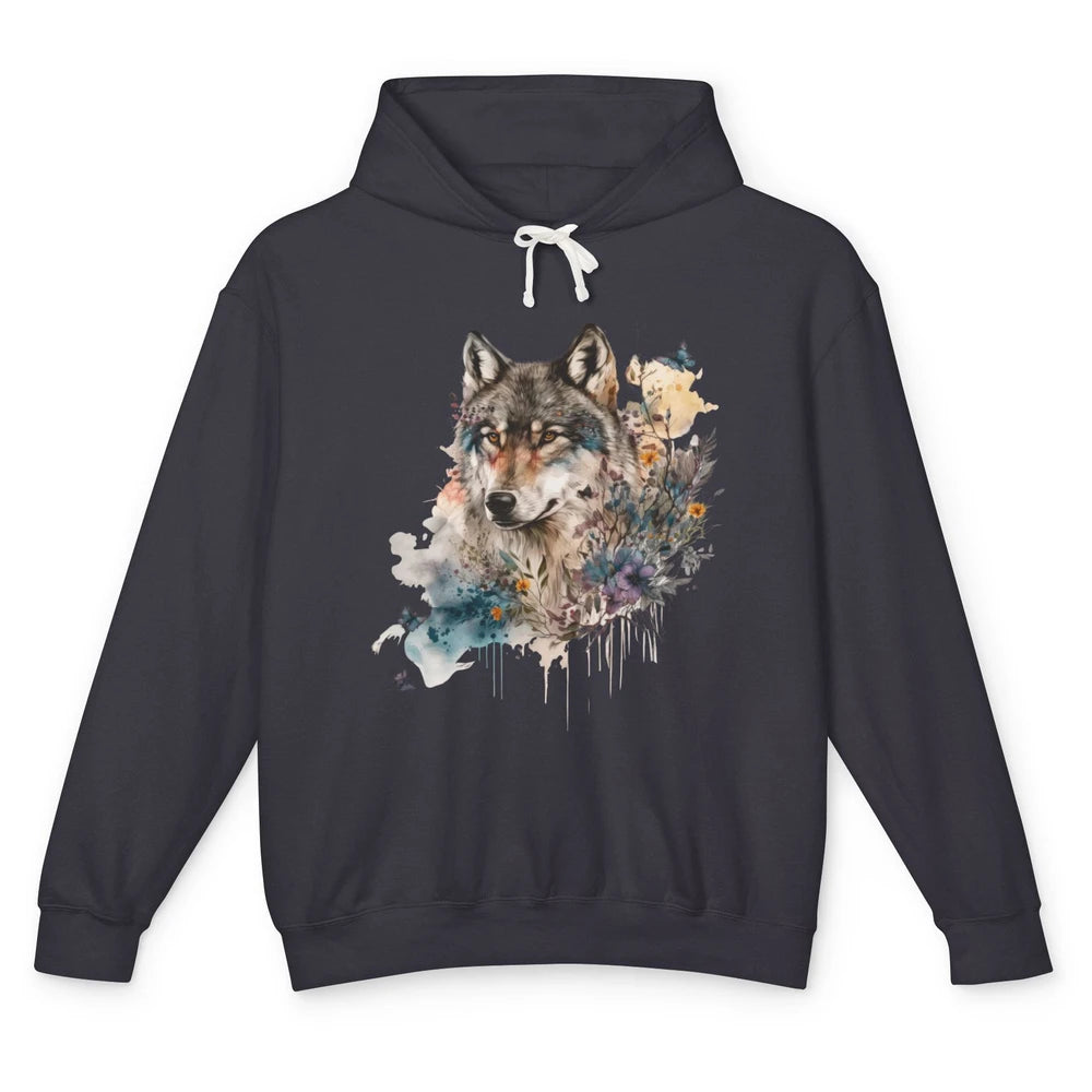 Watercolor Wolf Face Howl Butterfly Wolves Wild Animal Retro Unisex Lightweight Hoodie