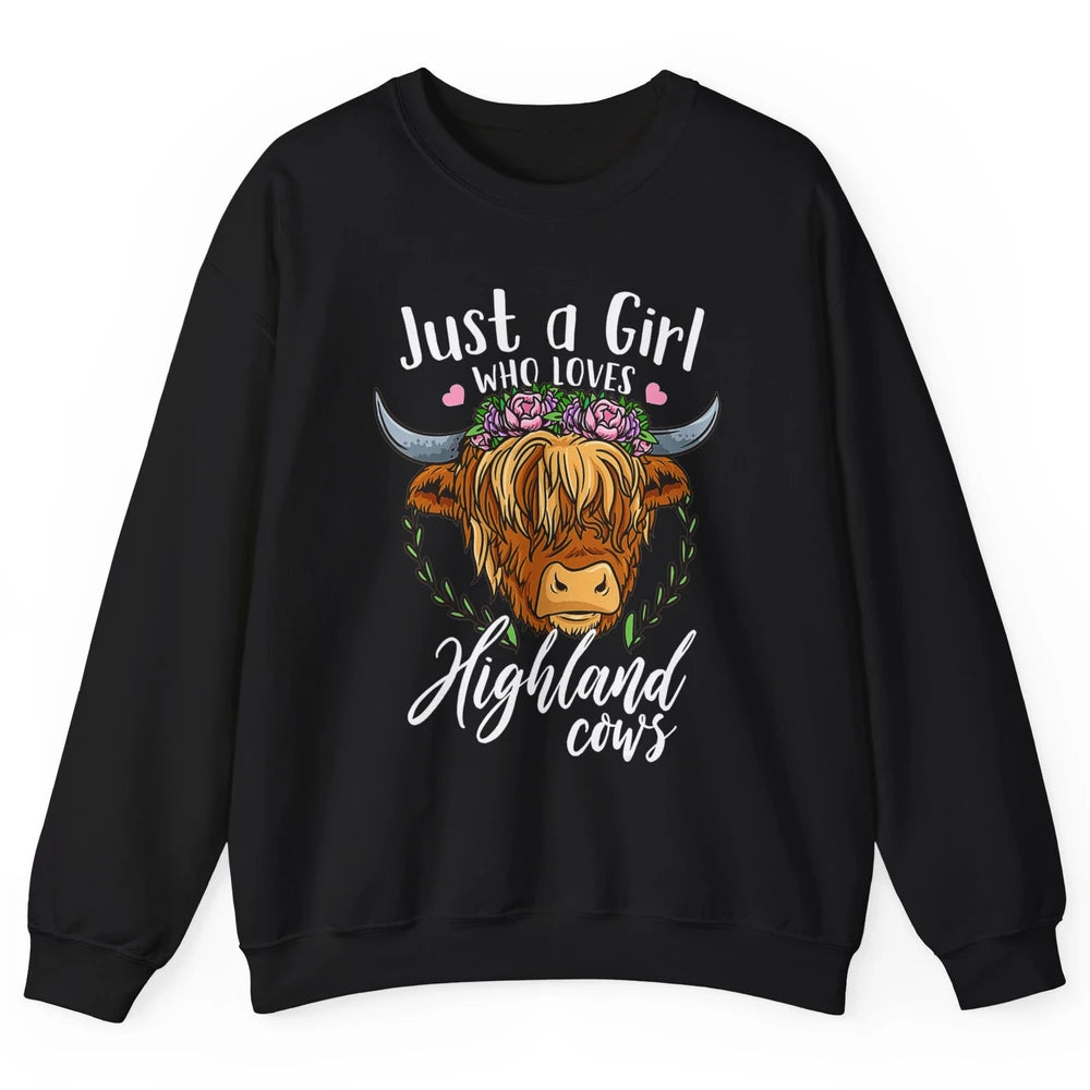 Vintage Just Girl Loves Highland Cow Floral Western Animal Unisex Crewneck Sweatshirt