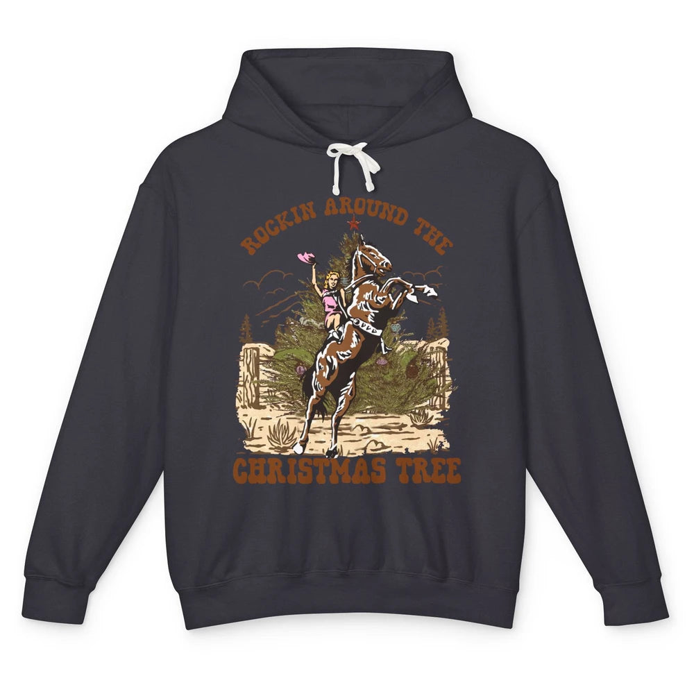 Funny Cowgirl Horsing Rocking Around Christmas Tree Western Unisex Lightweight Hoodie