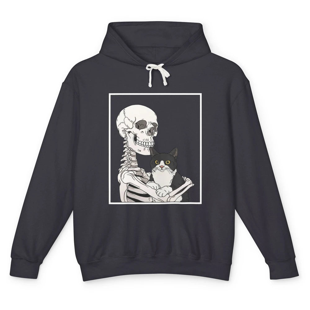 Skeleton Holding A Cat Lazy Halloween Costume Skull Kitten Unisex Lightweight Hoodie