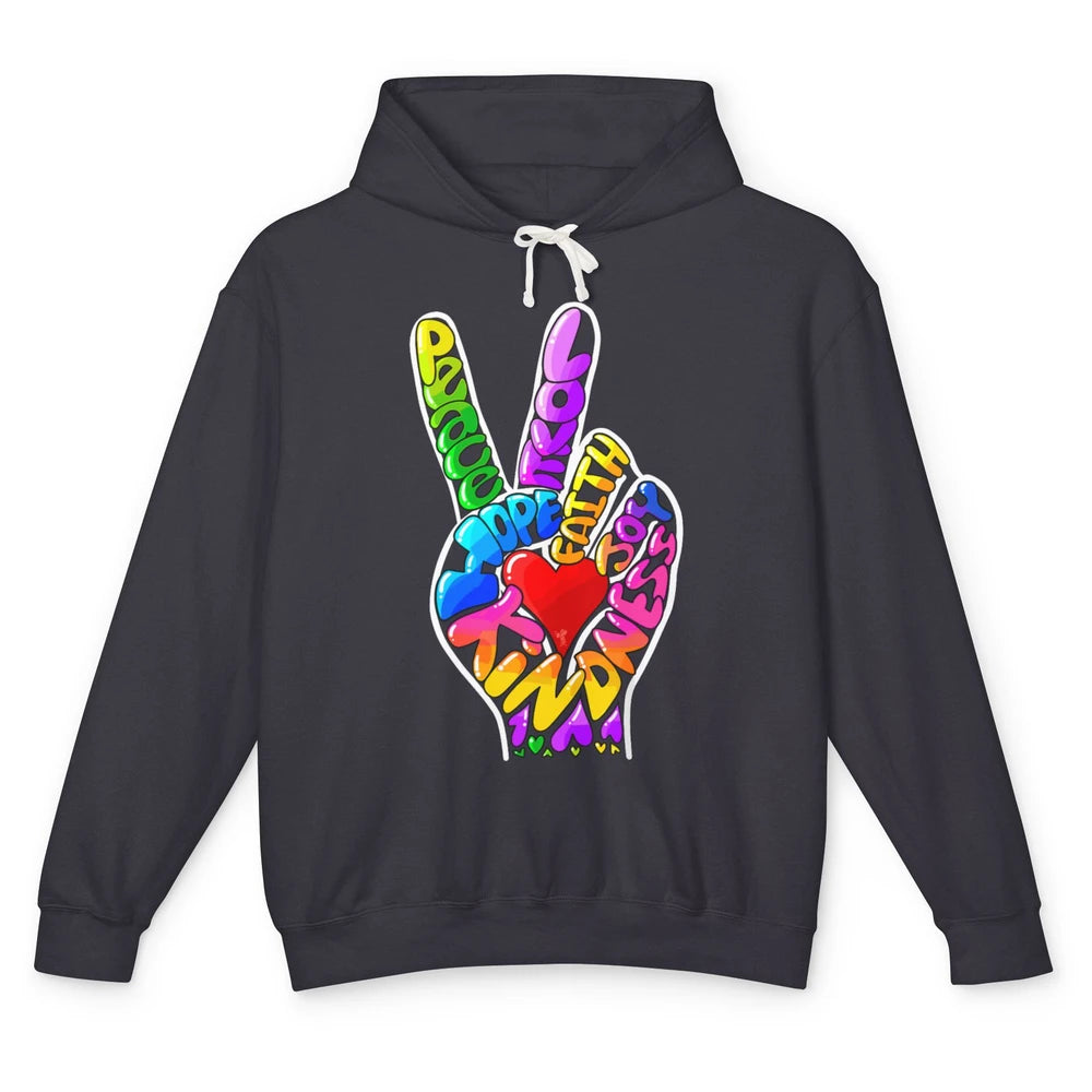 Peace Love Hope Joy Faith Kindness Word Christian Religious Unisex Lightweight Hoodie