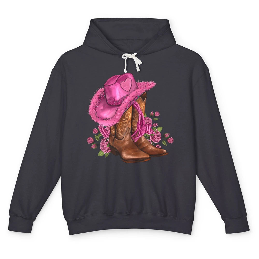 Valentines Day Hat Boots Cowgirl Pink Rose Flowers Retro Unisex Lightweight Hoodie